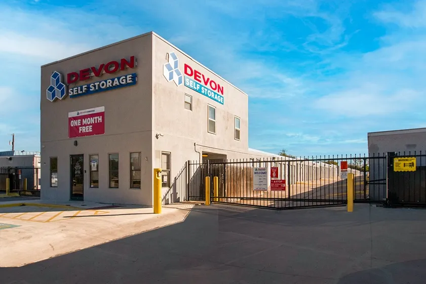 Gated view and front entrance to Devon Self Storage - Perrin in San Antonio, TX
