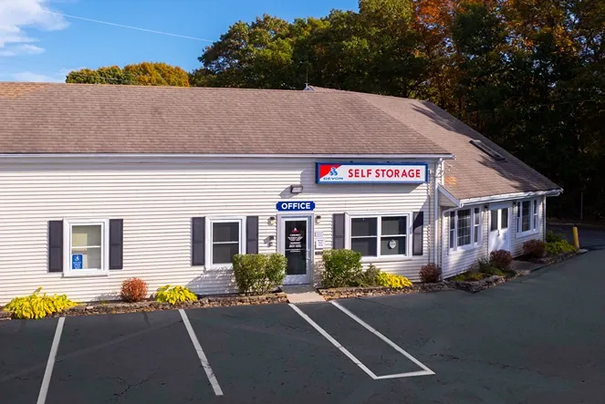 Exterior view of entrance to office at Devon Self Storage - Lambeth Park in Fairhaven, MA.