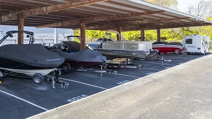 Covered parking for boats, trailers, and RV storage at self storage facility