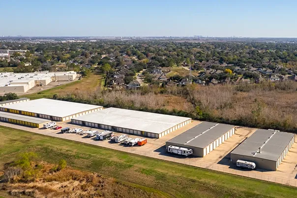Aerial view parking storage for RV storage in Pasadena, Texas, at Devon Self Storage Fairway Plaza