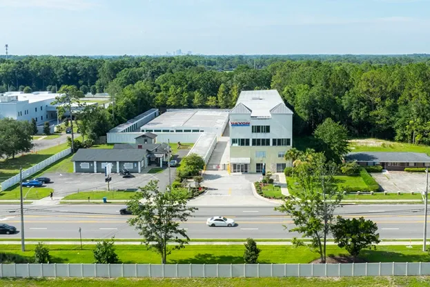 Aerial view of self storage facility with drive-up units and climate-controlled building