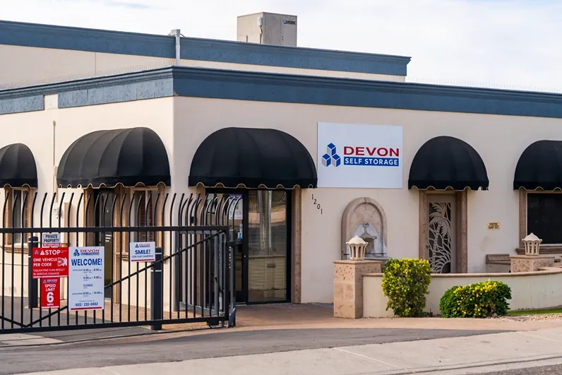Devon Self Storage office building with gated entrance and secure facility access