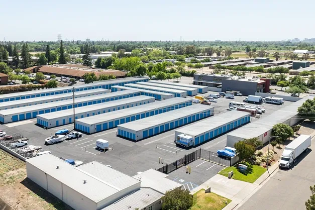 Aerial view Arden Arcade Storage Units in Sacramento, CA. Outdoor storage, parking storage options. Blue doors.