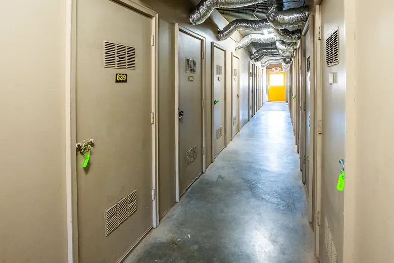 Indoor climate-controlled storage hallway at Devon Self Storage