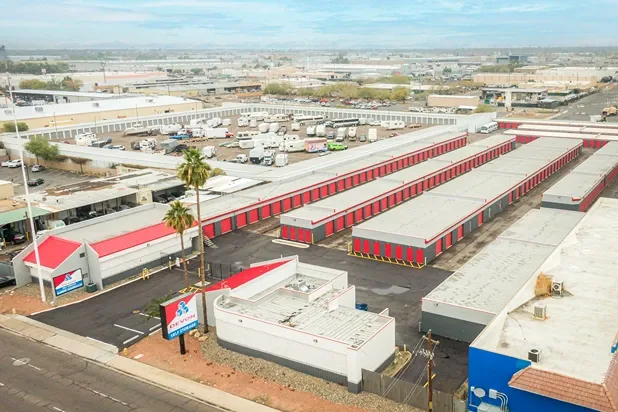 Aerial view of Devon Self Storage facility with multiple rows of drive-up units in urban area