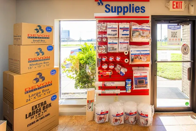 Devon Self Storage in Katy, TX office with merchandise