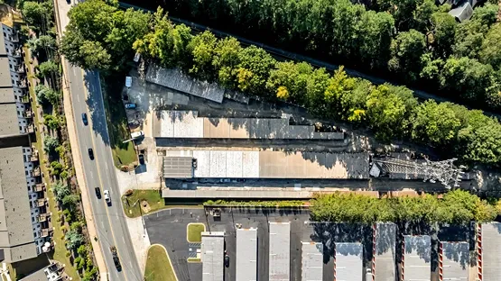 Aerial view of Devon Self Storage facility with multiple rows of drive-up units