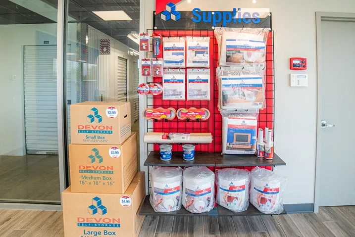 Devon Self Storage- Yaphank, wall of moving and packing supplies