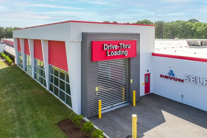 Devon Self Storage- Yaphank, aerial view of drive thru loading dock