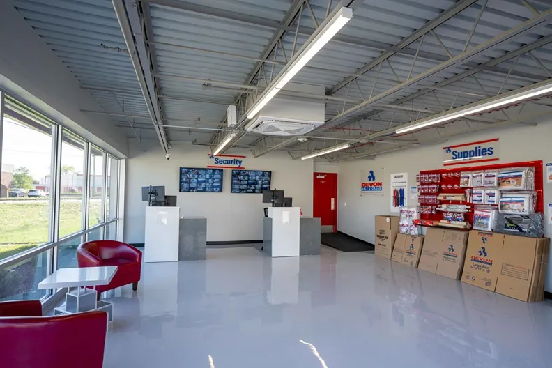 Devon Self Storage in Fraser Michigan interior facility, office area with storage merchandise