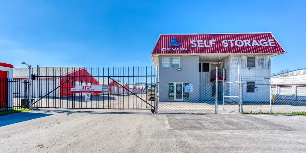 Gated entrance to Devon Self Storage in Austin, Texas