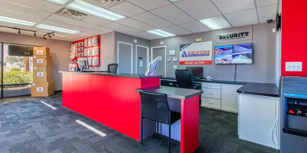 Front desk in the leasing office at Devon Self Storage in Palm Springs, California