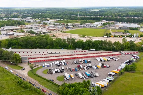Exterior drone image of Devon Self Storage facility in North Cordova, TN