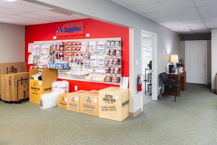 Moving supplies and packing materials available for purchase inside storage office