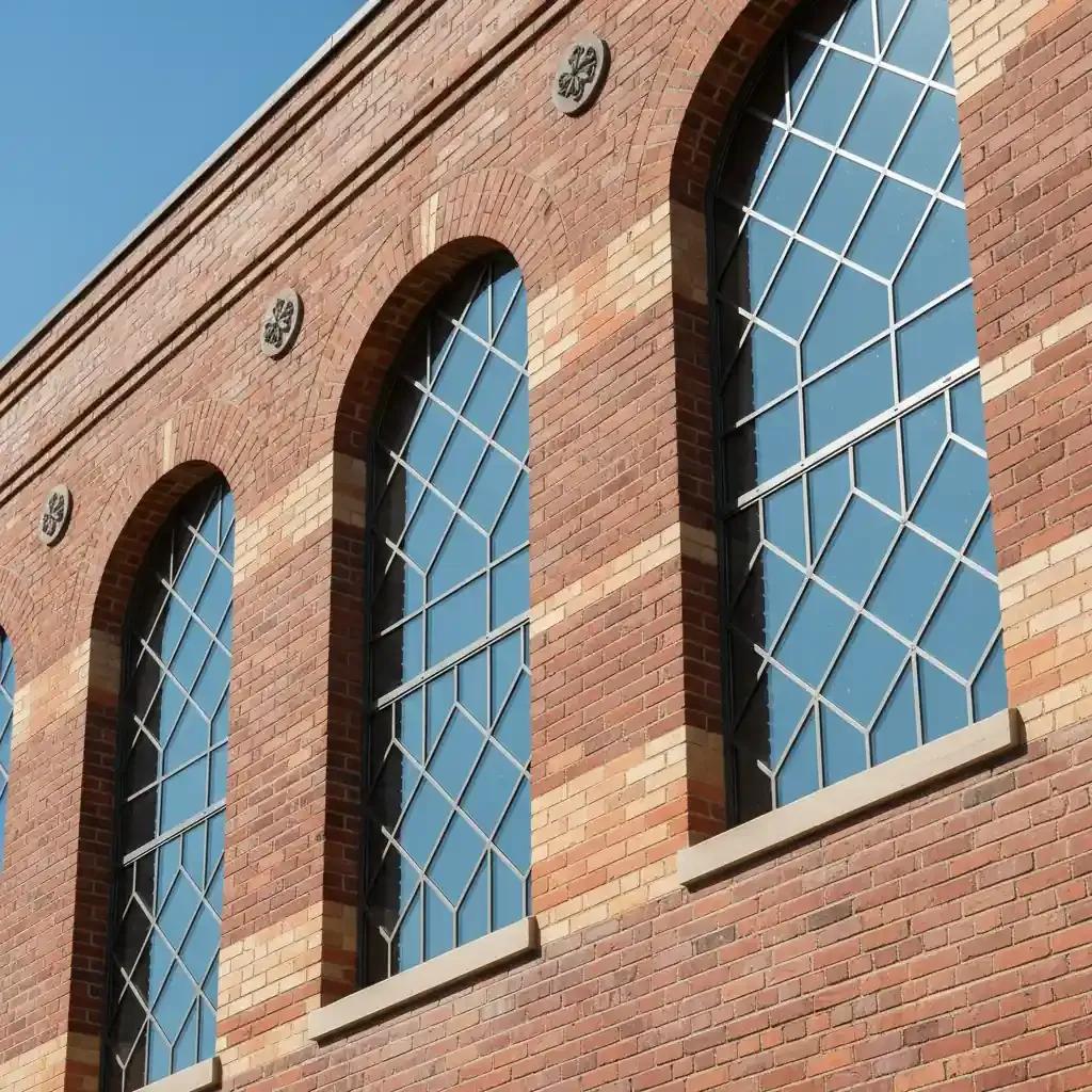 Close-up of a renovated brick facade with arched windows and iron frames, showcasing modern urban redevelopment.