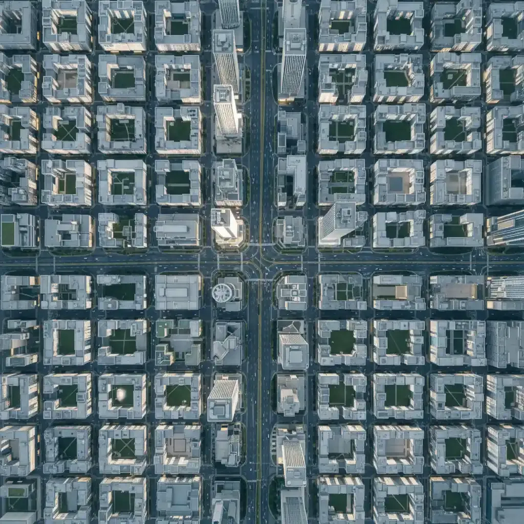 An abstract overhead view of a city grid with muted geometric building footprints, green parks, and intersecting roads.