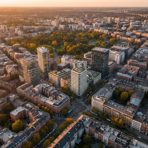 Aerial view of dense urban rooftops and brick buildings in warm amber light during a golden hour sunset.