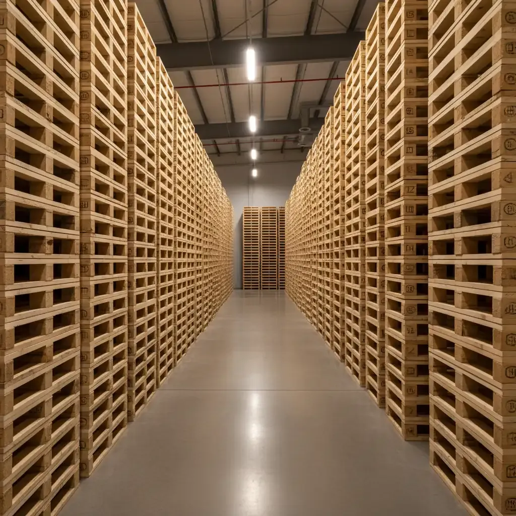 Neatly stacked wooden pallets sit in precise rows on a smooth floor inside a spacious and warmly lit warehouse.