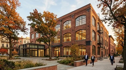 Sunlit weathered brick warehouse with arched windows and iron details, framed by autumn trees in an urban setting.