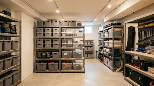 Bright organized basement with tall metal shelves holding sorted bins, tools, and seasonal items under warm lighting.